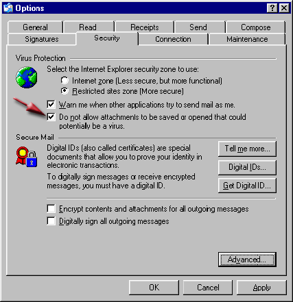 Screen Shot showing where to uncheck 'Do not allow attachments to be saved or opened that could potentially be a virus.'